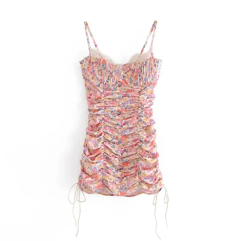 Eyelash Lace Trim Floral Print Ruched Bodycon Dress