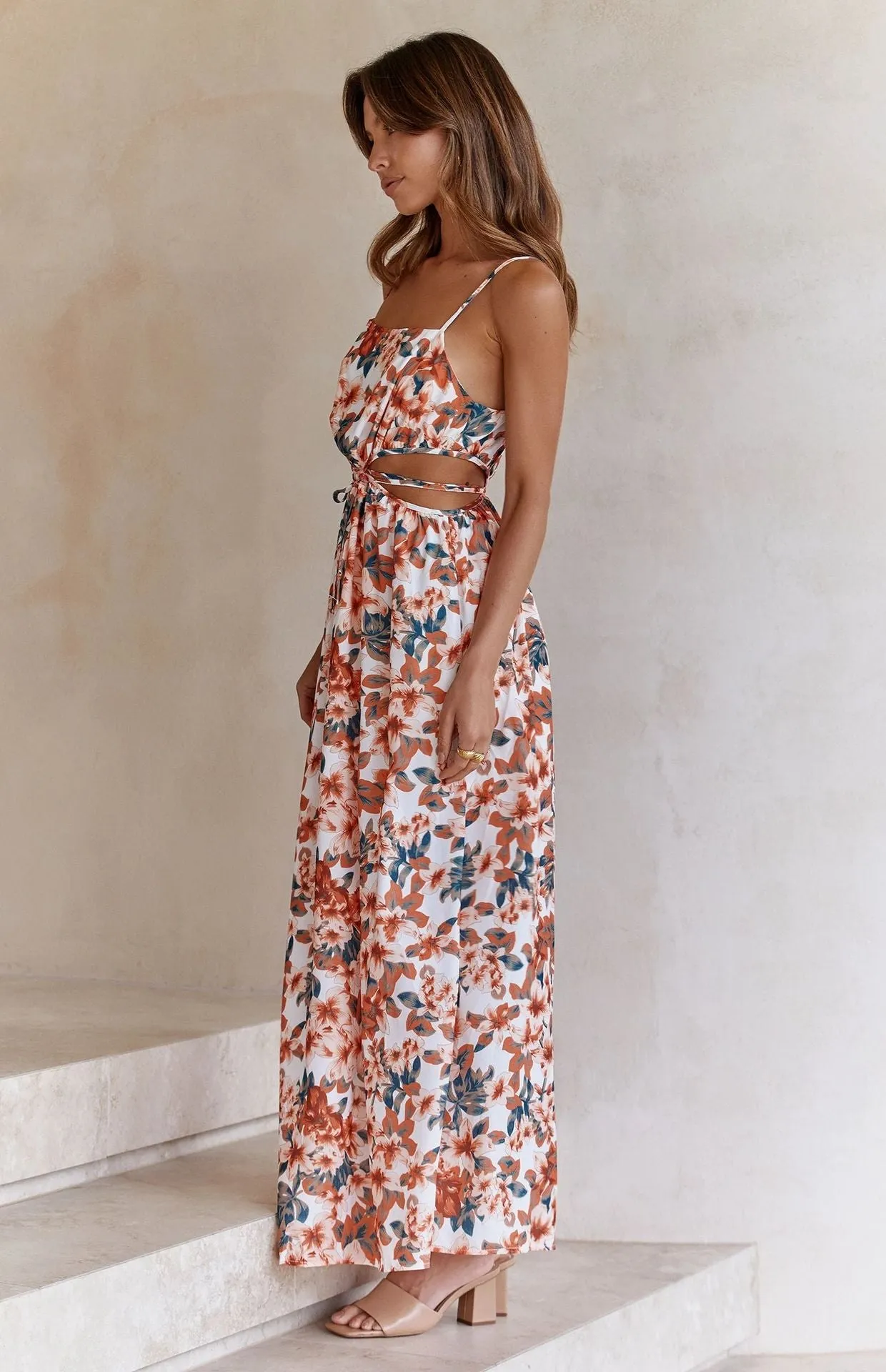 Floral Print Cutout Waist Slip Dress