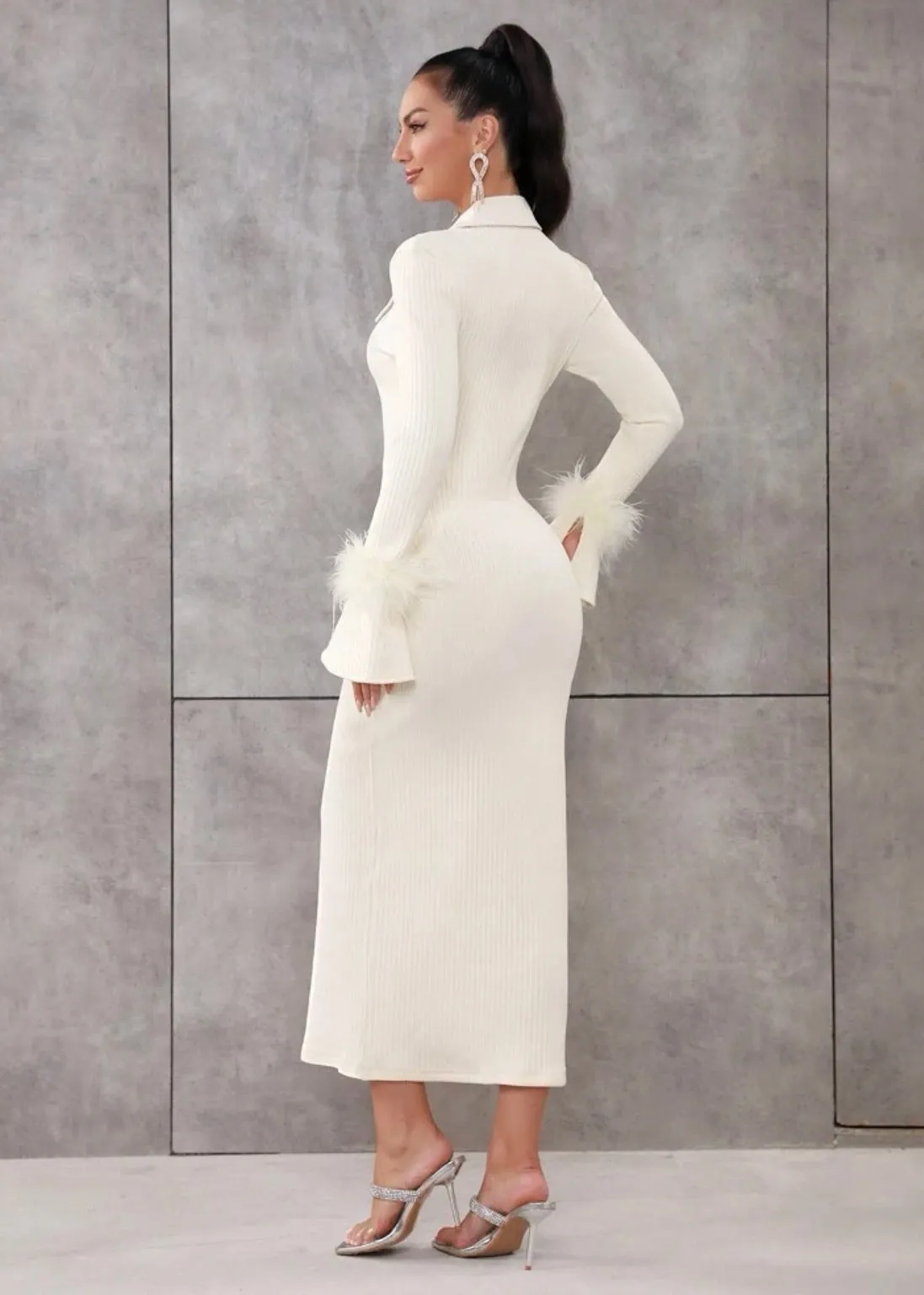 Fuzzy Cuff Polo Neck Bodycon Dress