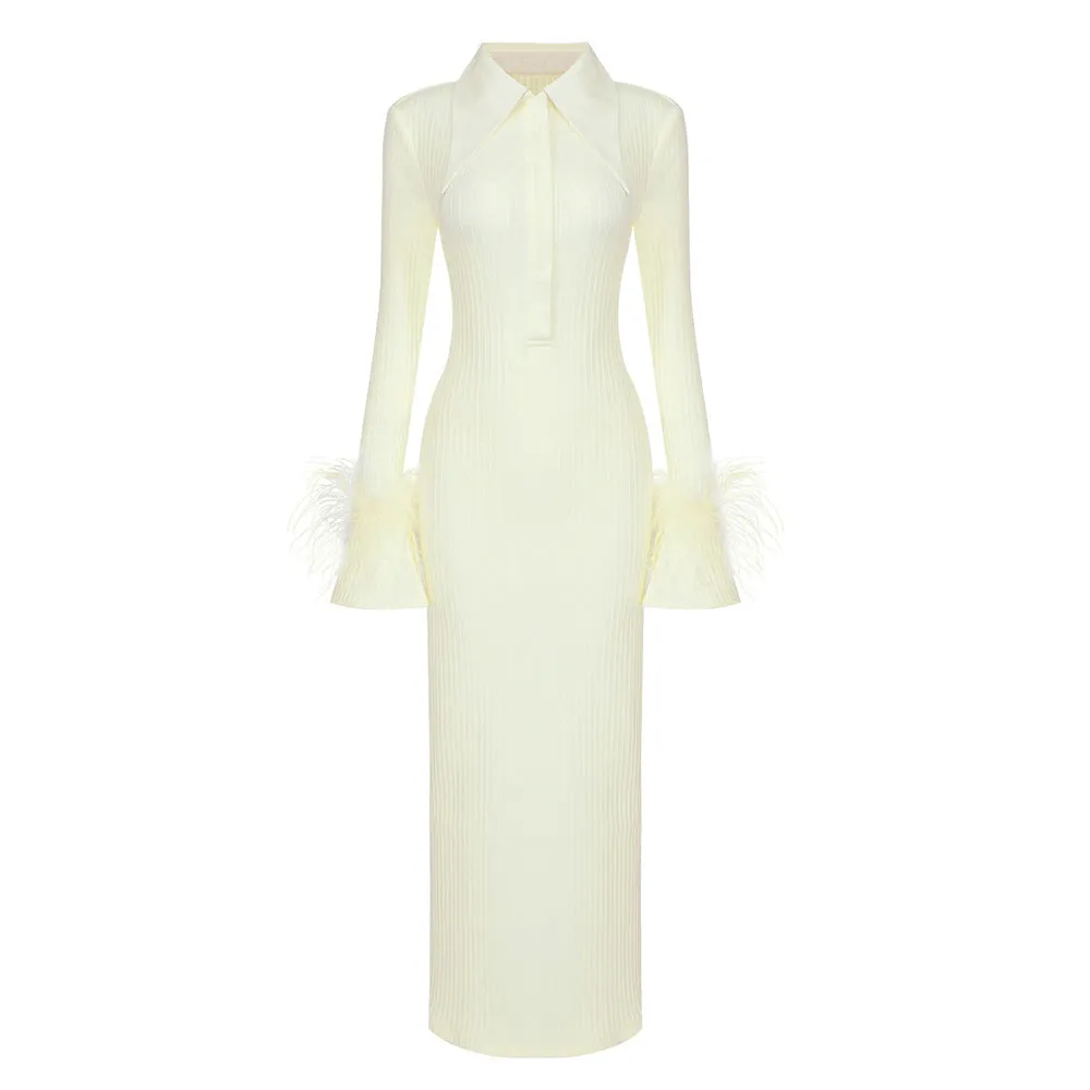 Fuzzy Cuff Polo Neck Bodycon Dress