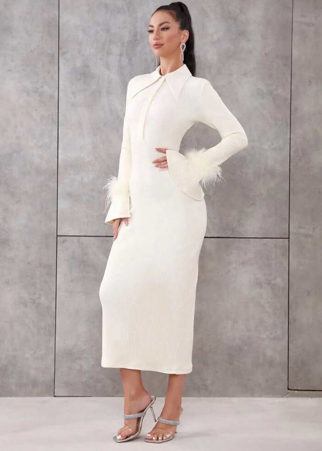 Fuzzy Cuff Polo Neck Bodycon Dress