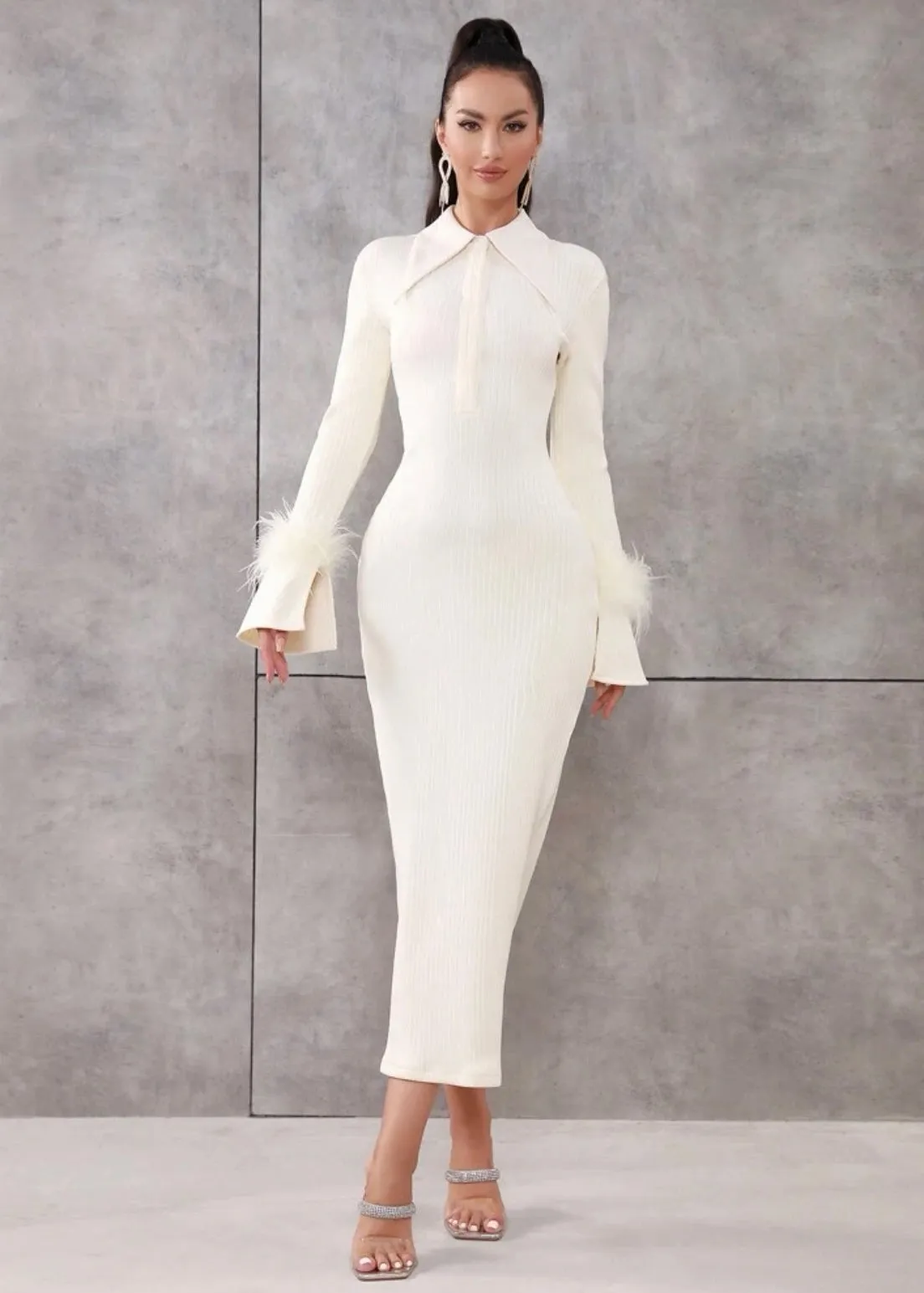 Fuzzy Cuff Polo Neck Bodycon Dress