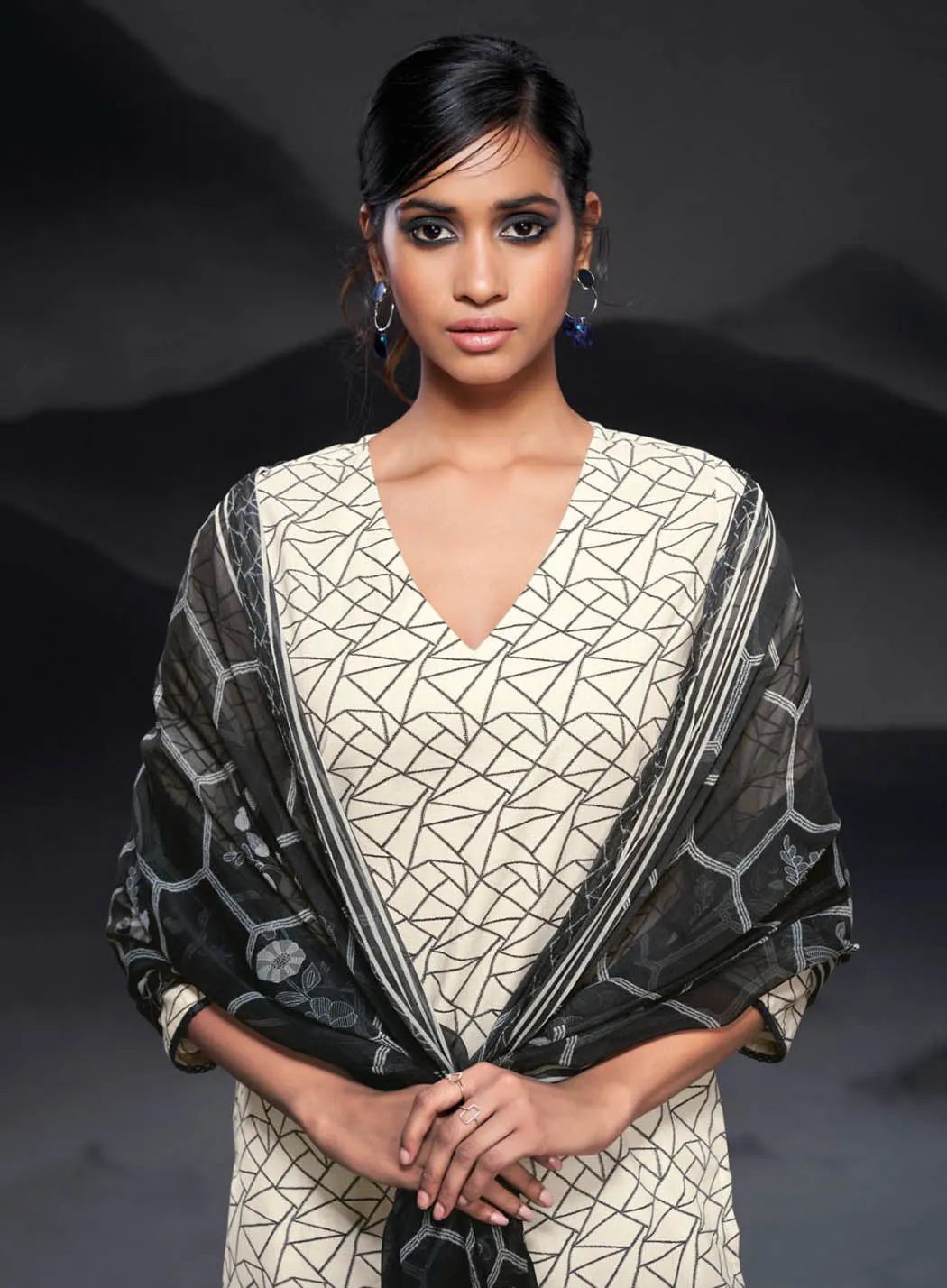 Ganga Black Unstitched Cotton Suit Set Dress Material with Dupatta