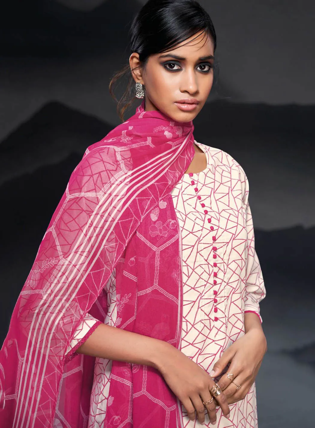 Ganga Pink Unstitched Cotton Suit Material with Dupatta for Women