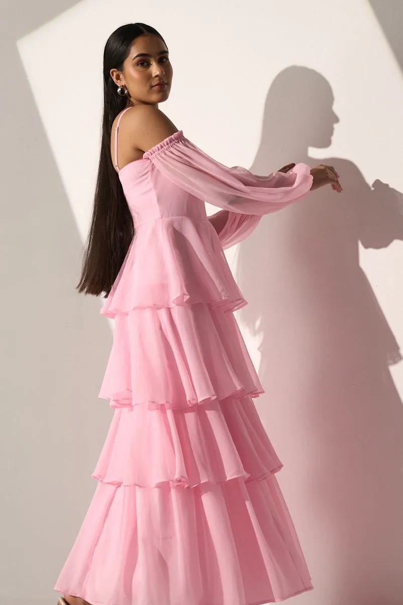 Georgette Women's Baby pink long frill dress