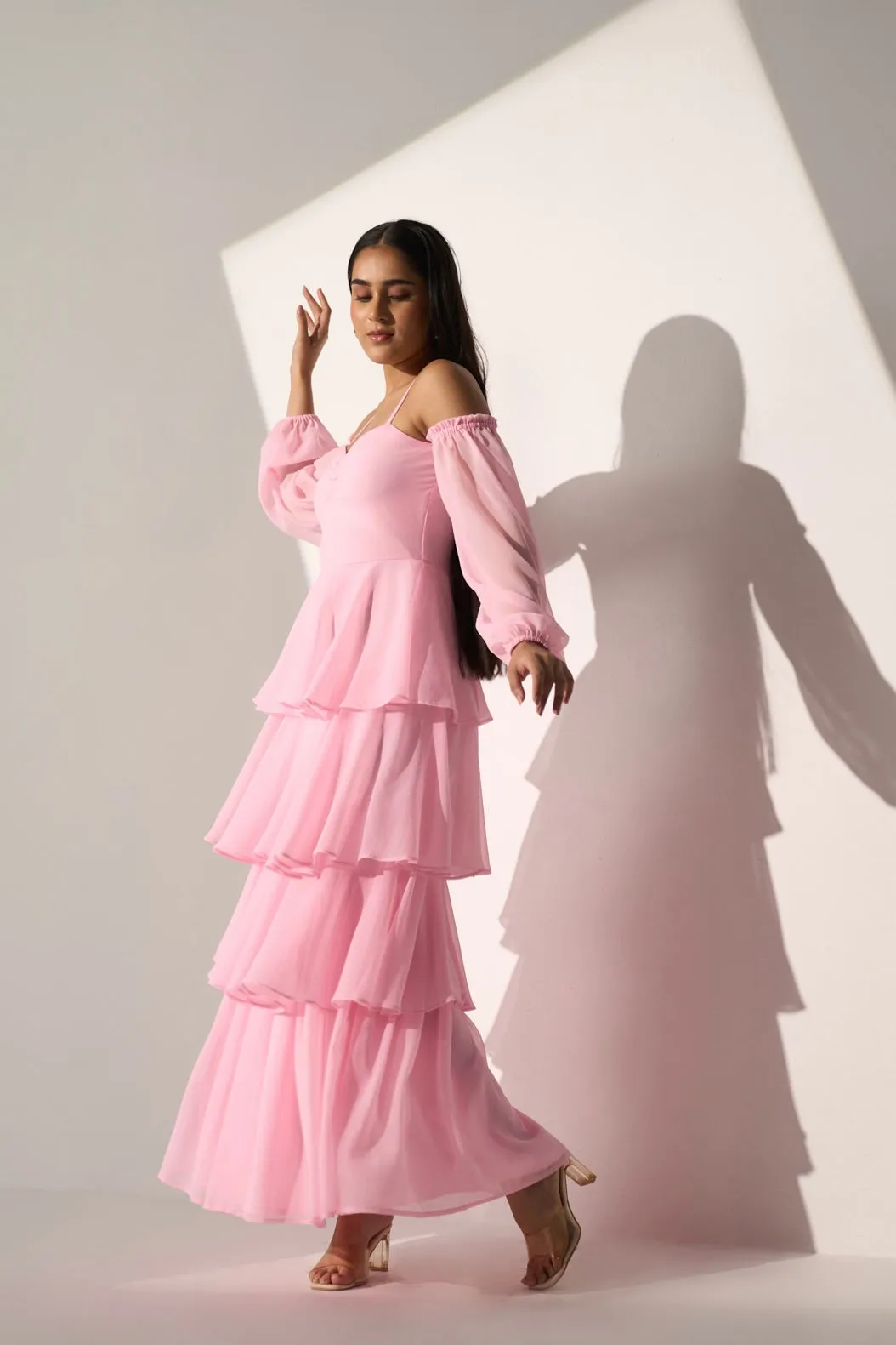 Georgette Women's Baby pink long frill dress