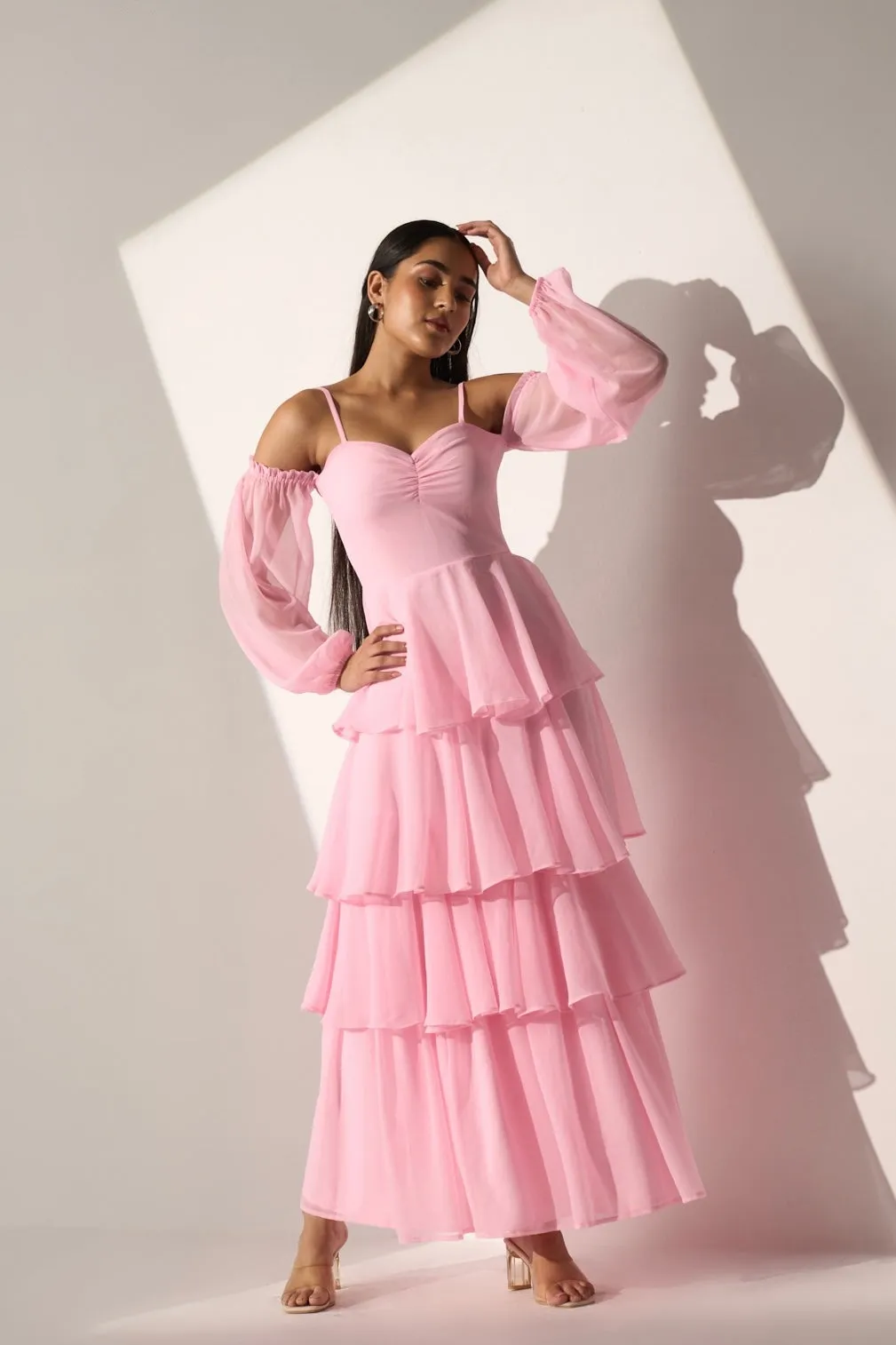 Georgette Women's Baby pink long frill dress