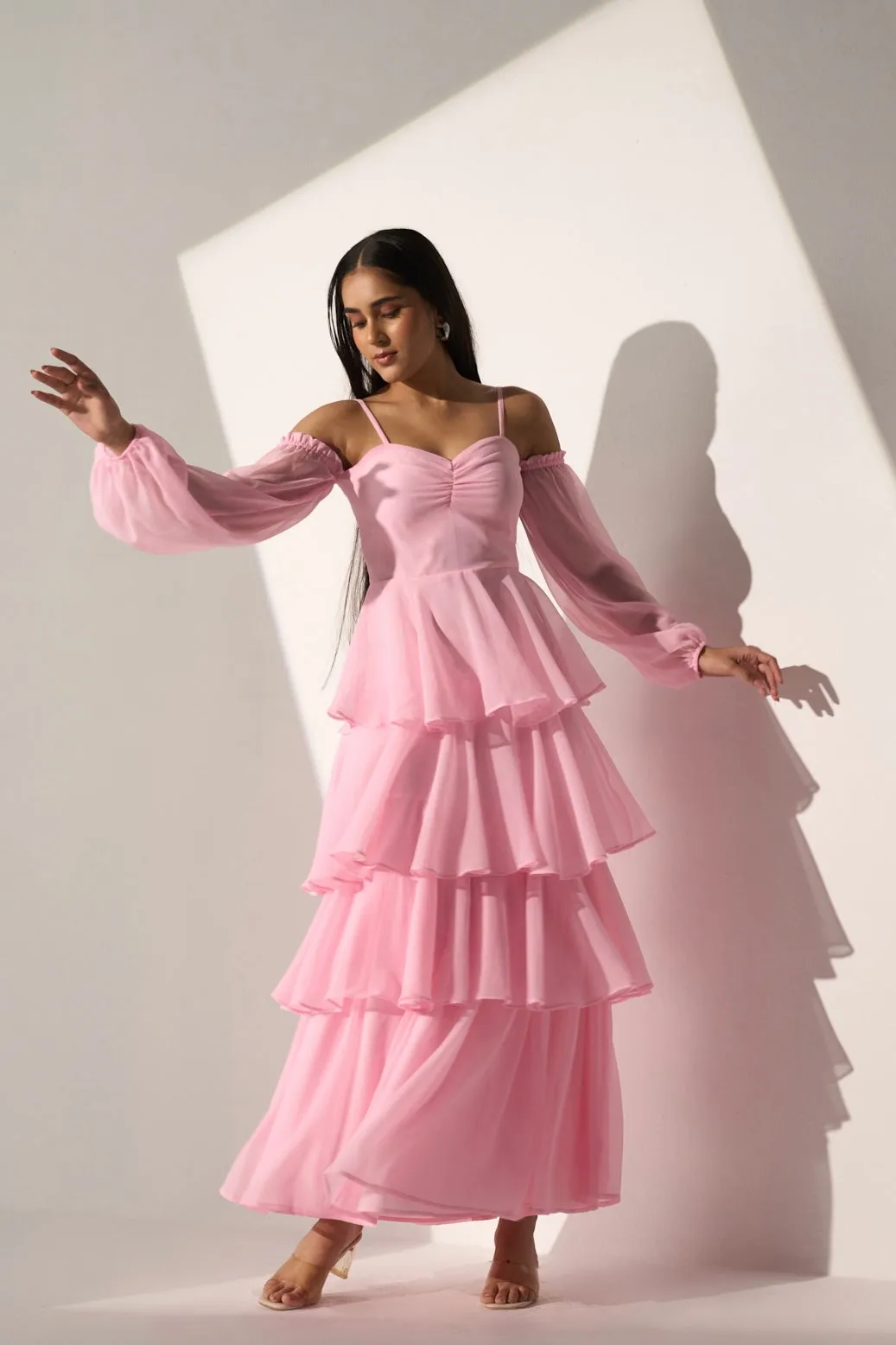 Georgette Women's Baby pink long frill dress