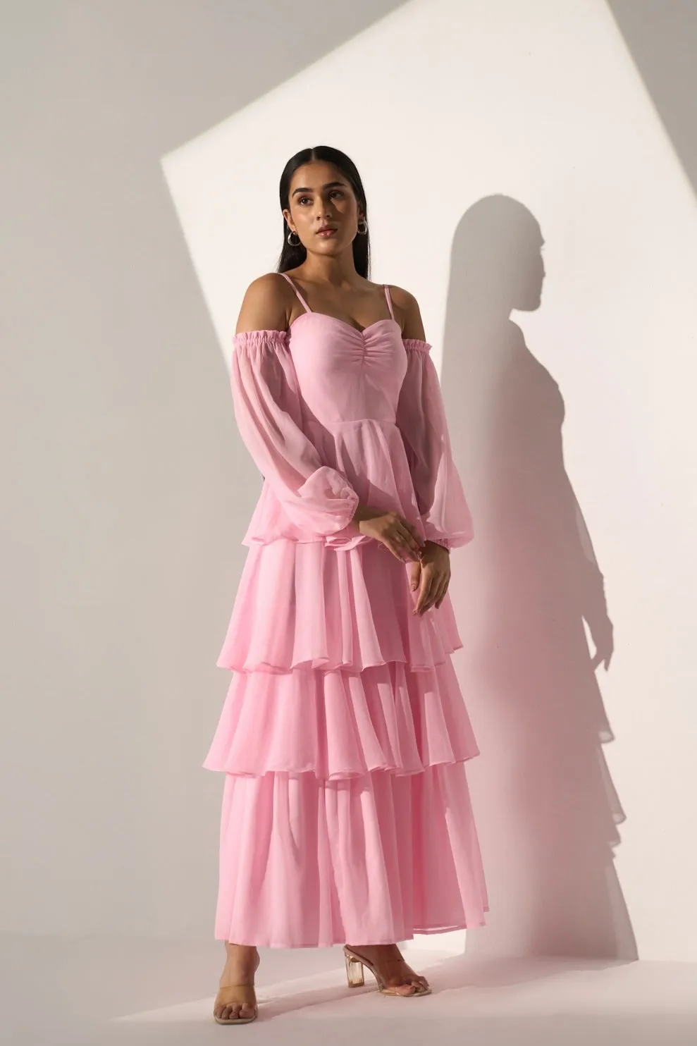 Georgette Women's Baby pink long frill dress