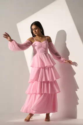 Georgette Women's Baby pink long frill dress