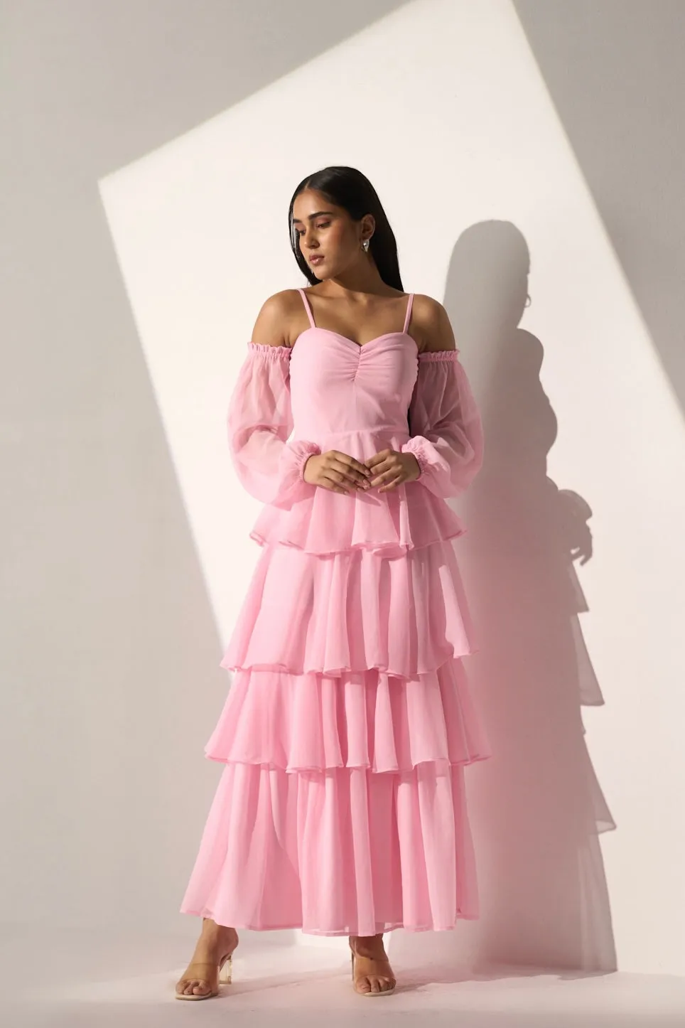 Georgette Women's Baby pink long frill dress