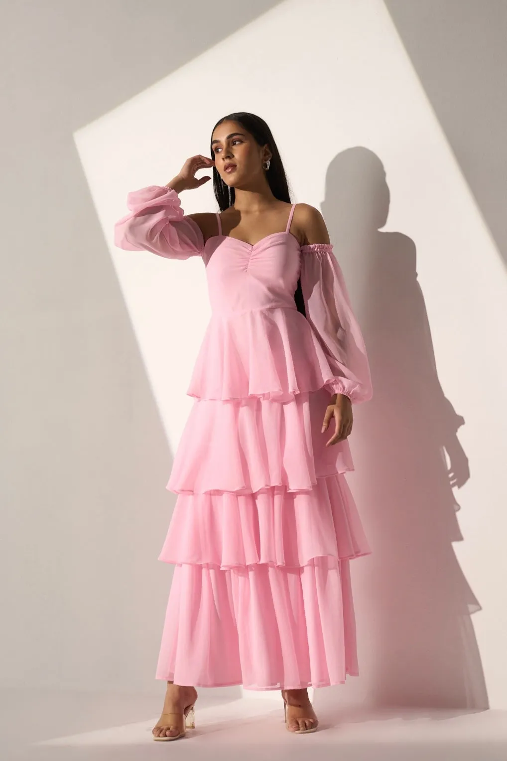 Georgette Women's Baby pink long frill dress