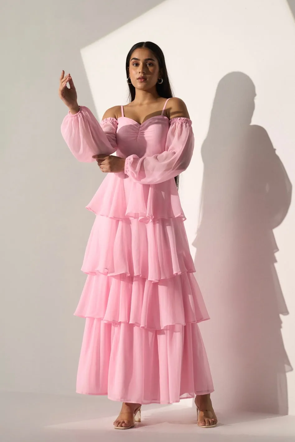 Georgette Women's Baby pink long frill dress