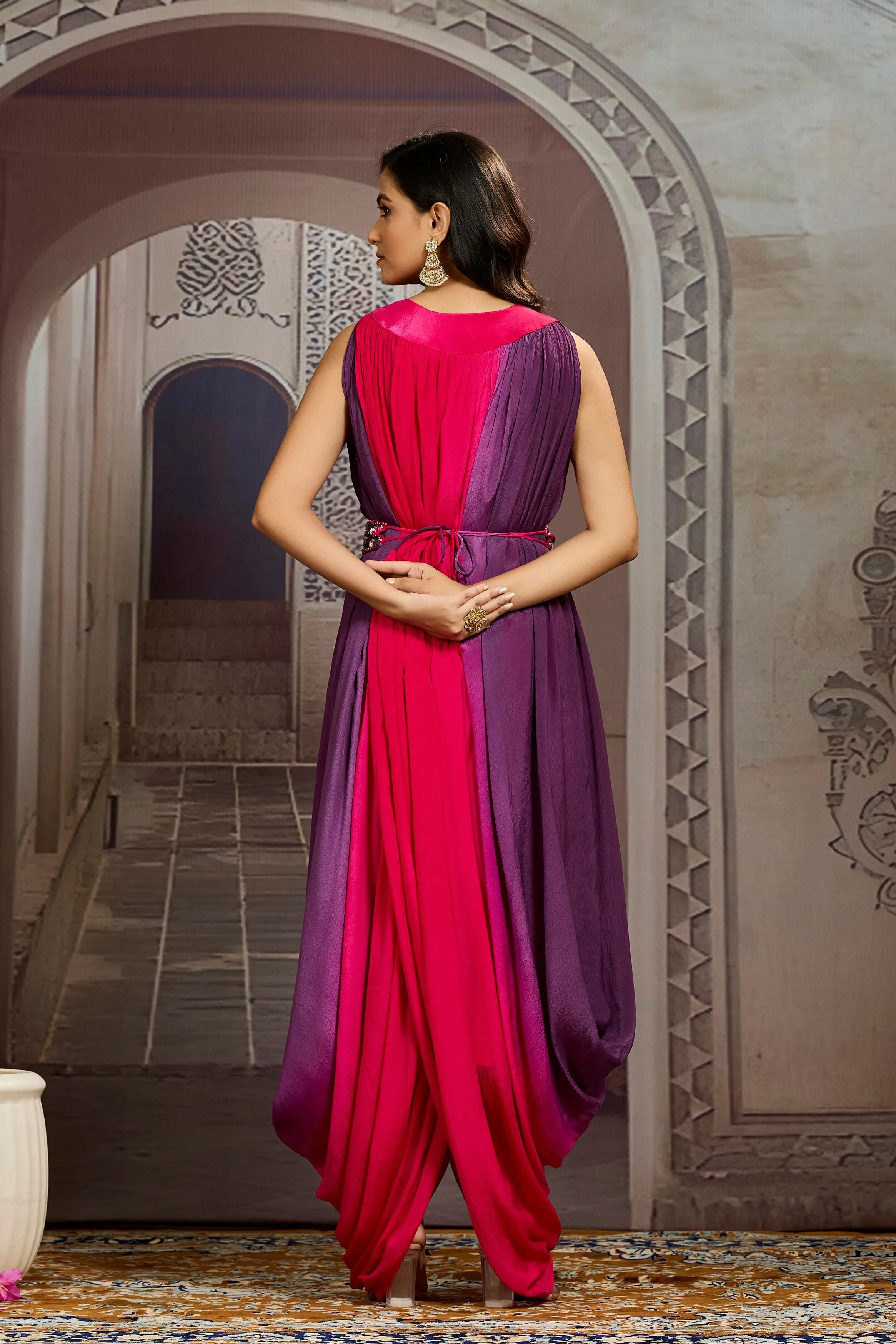 Glam Red Ombre-Dyed Chinon Silk Cowl Dress