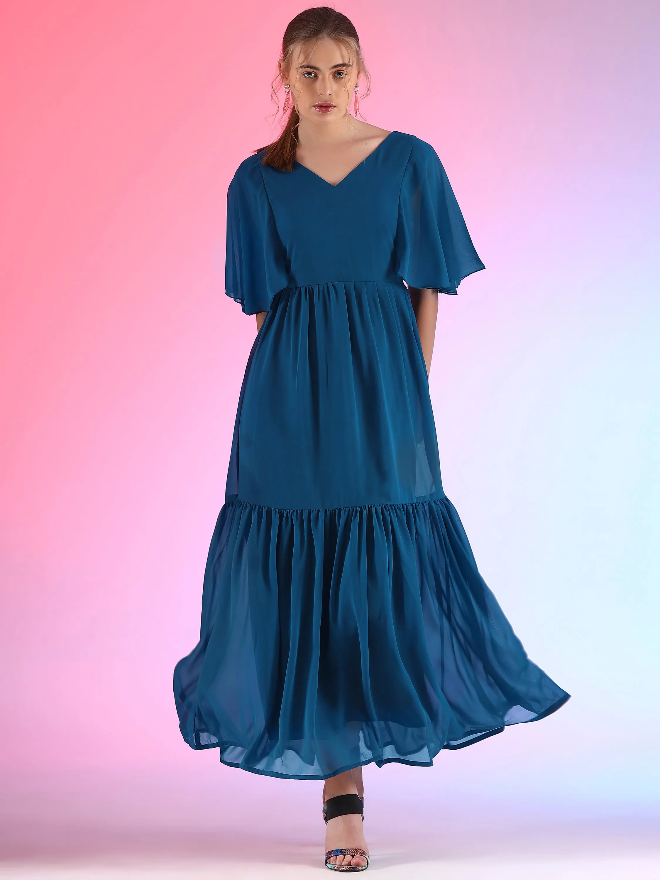 Glamour Solid Butterfly Sleeve Fit and Flare Maxi Dress