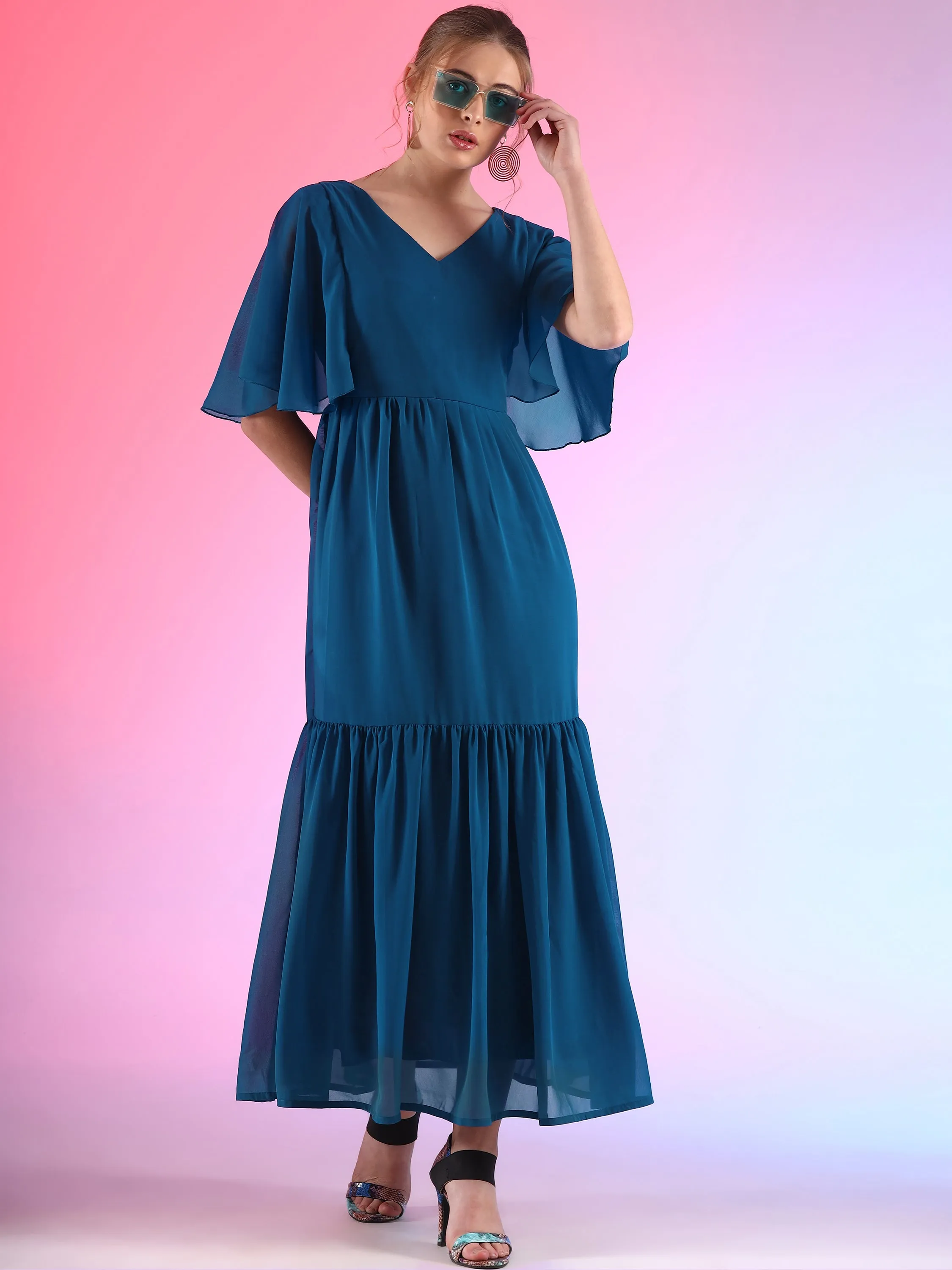 Glamour Solid Butterfly Sleeve Fit and Flare Maxi Dress