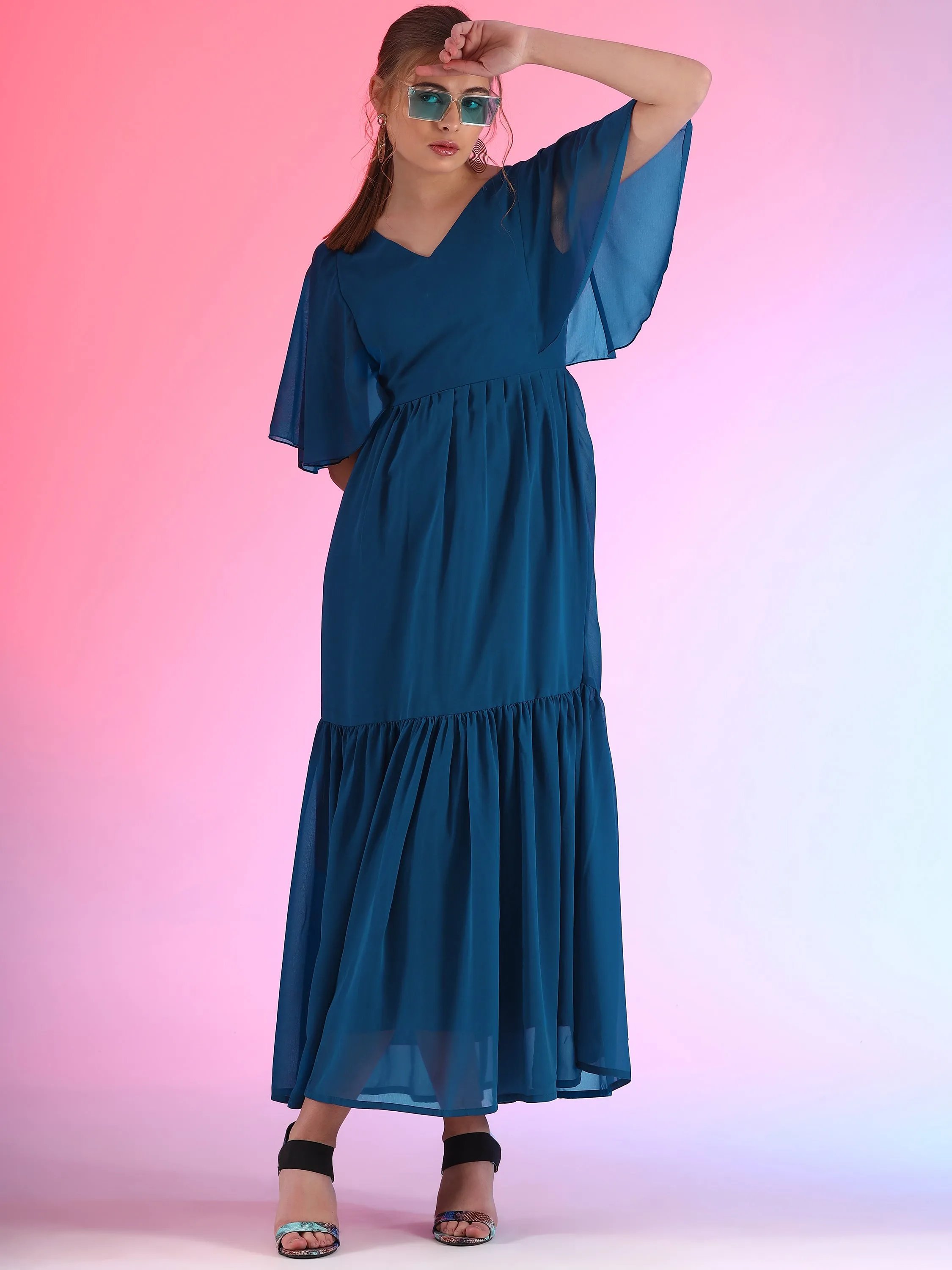 Glamour Solid Butterfly Sleeve Fit and Flare Maxi Dress