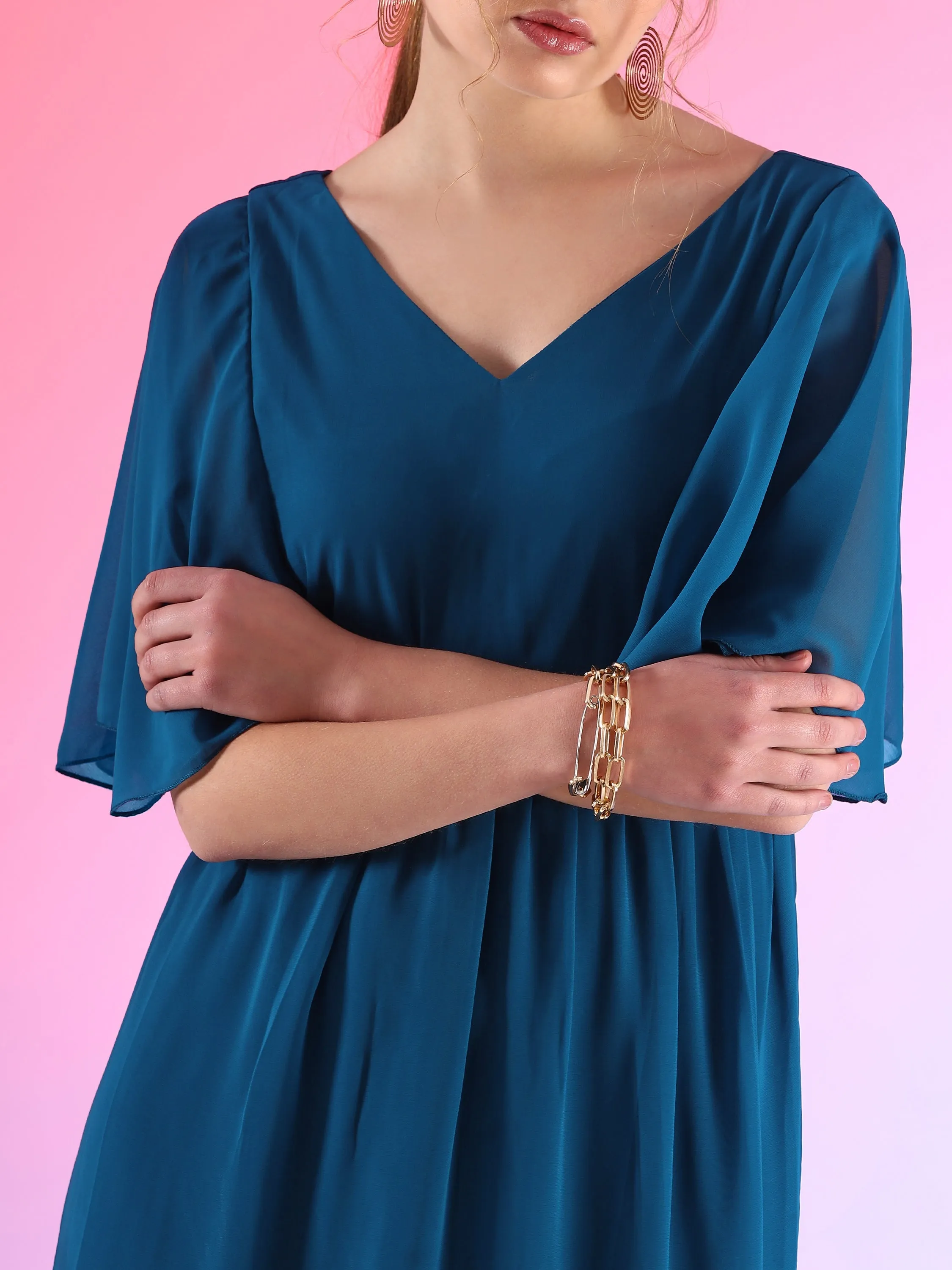 Glamour Solid Butterfly Sleeve Fit and Flare Maxi Dress