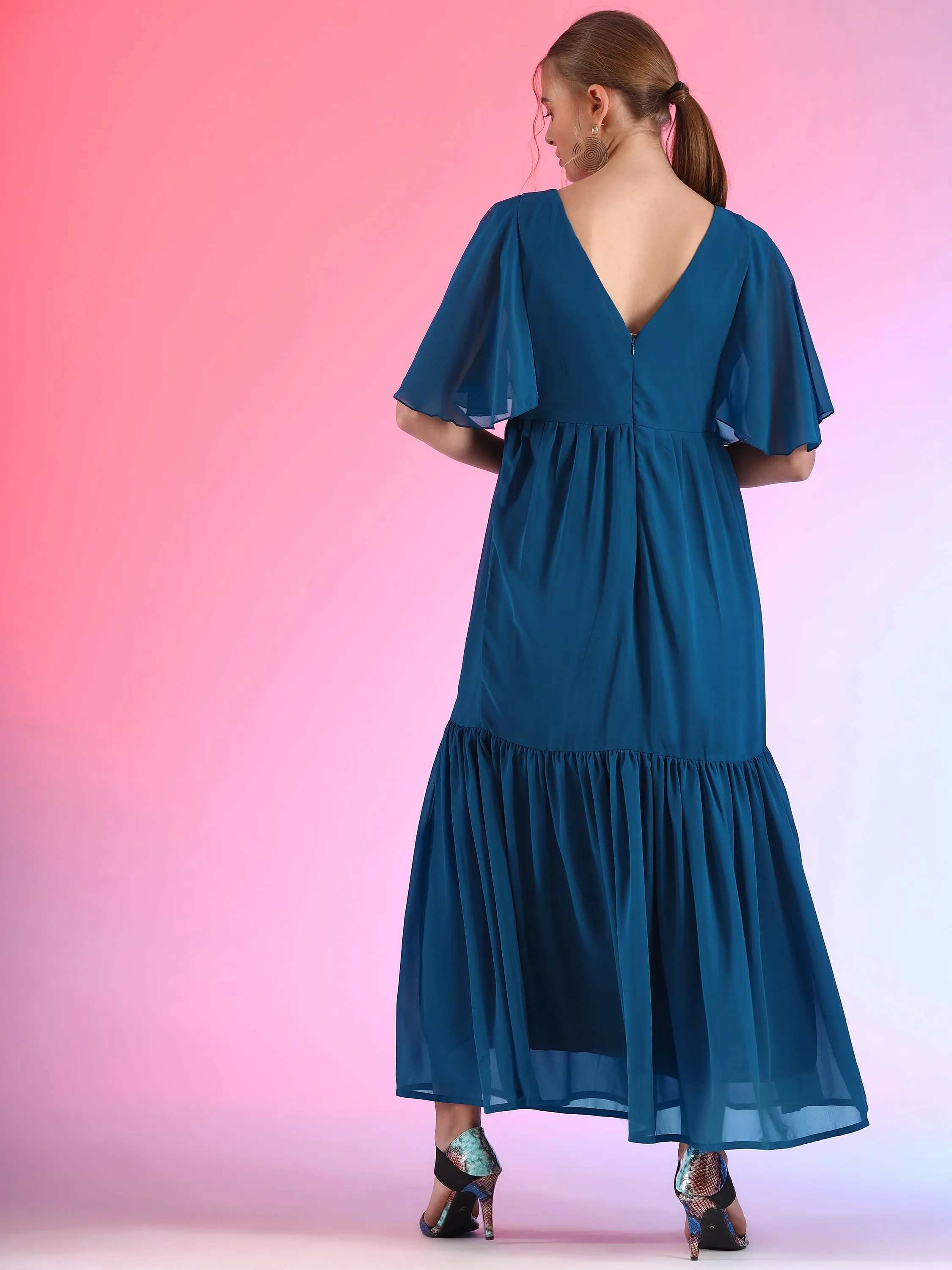 Glamour Solid Butterfly Sleeve Fit and Flare Maxi Dress