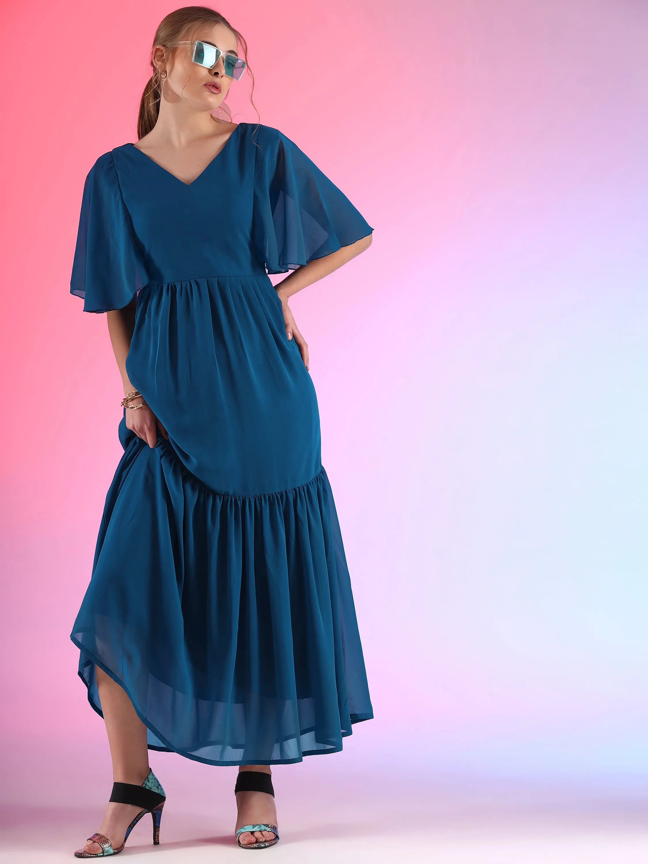 Glamour Solid Butterfly Sleeve Fit and Flare Maxi Dress