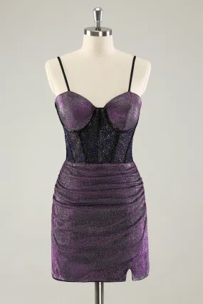 Glitter Dark Purple Pleated Corset Short Homecoming Dresses with Lace Up Back