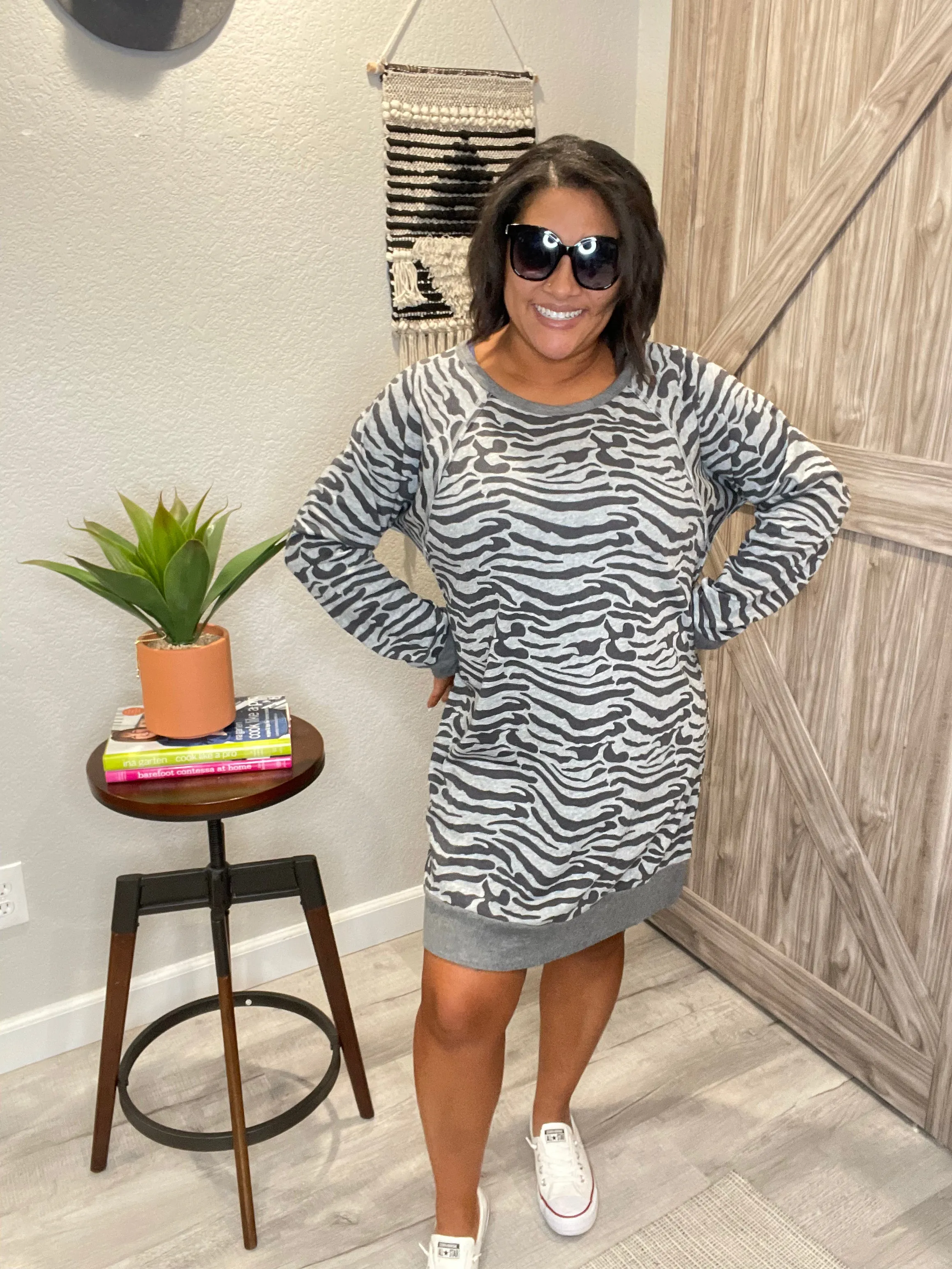 Grey & Charcoal Animal Print French Terry Sweatshirt Dress