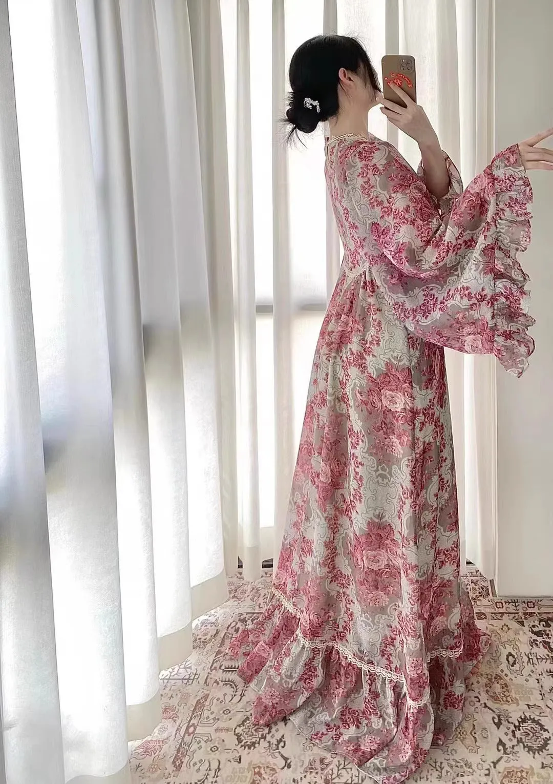 Gunne Sax Remake Floral Trumpet Sleeves Dress