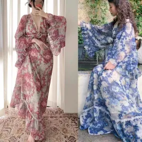 Gunne Sax Remake Floral Trumpet Sleeves Dress