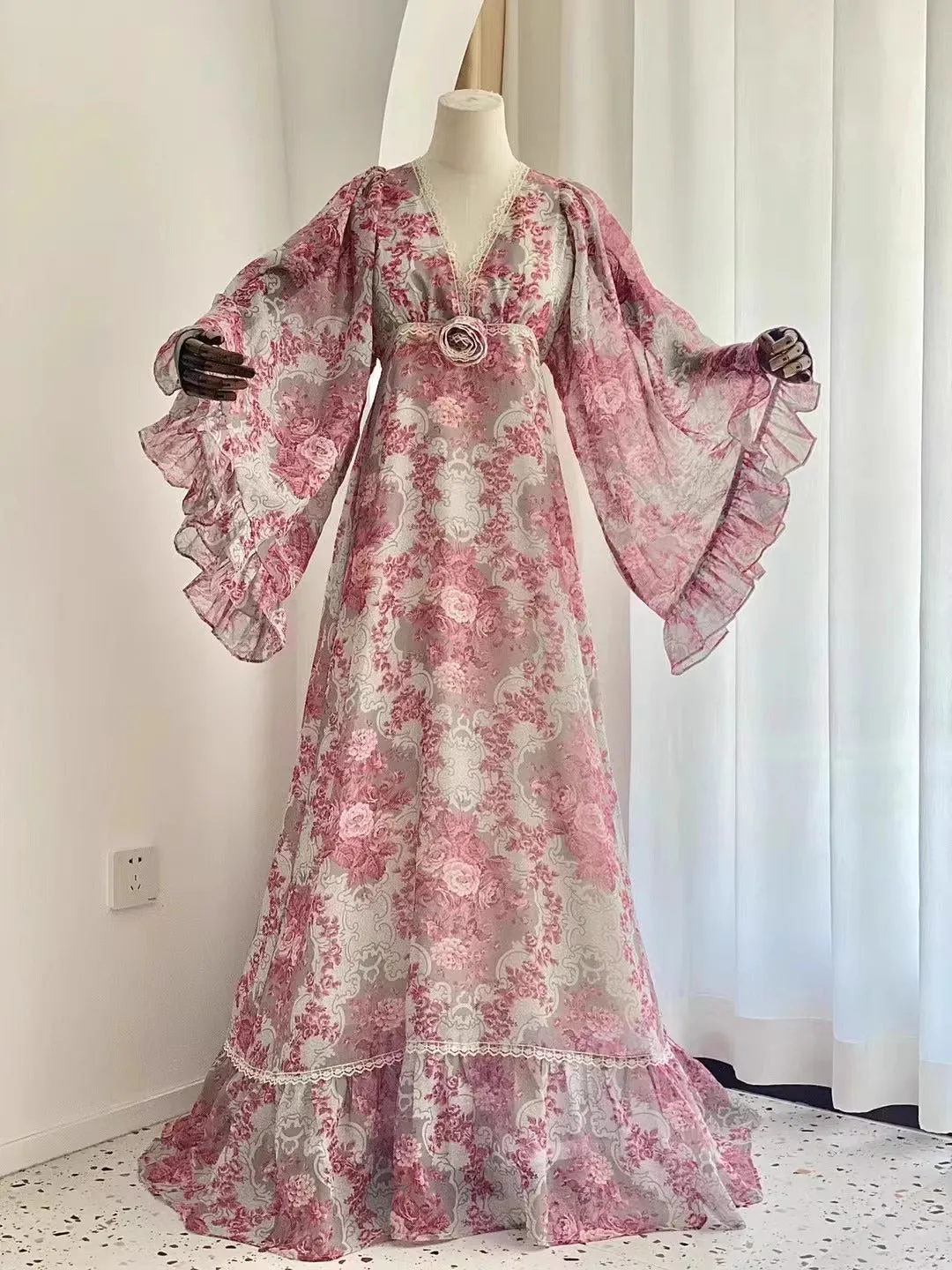 Gunne Sax Remake Floral Trumpet Sleeves Dress
