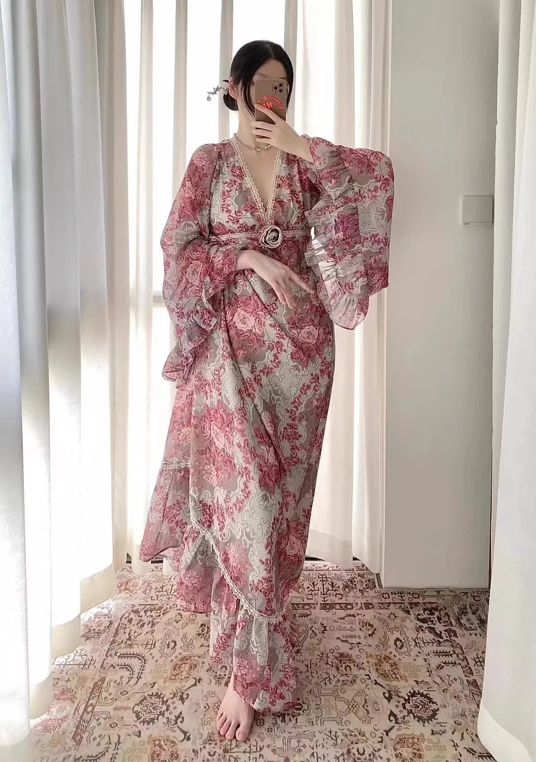 Gunne Sax Remake Floral Trumpet Sleeves Dress