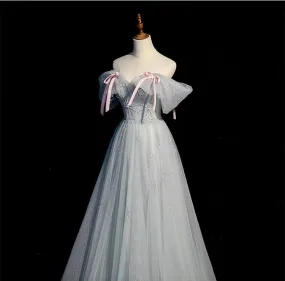 Handmade Retro Princess Tulle Off-Shoulder Blue Prom Evening Dress