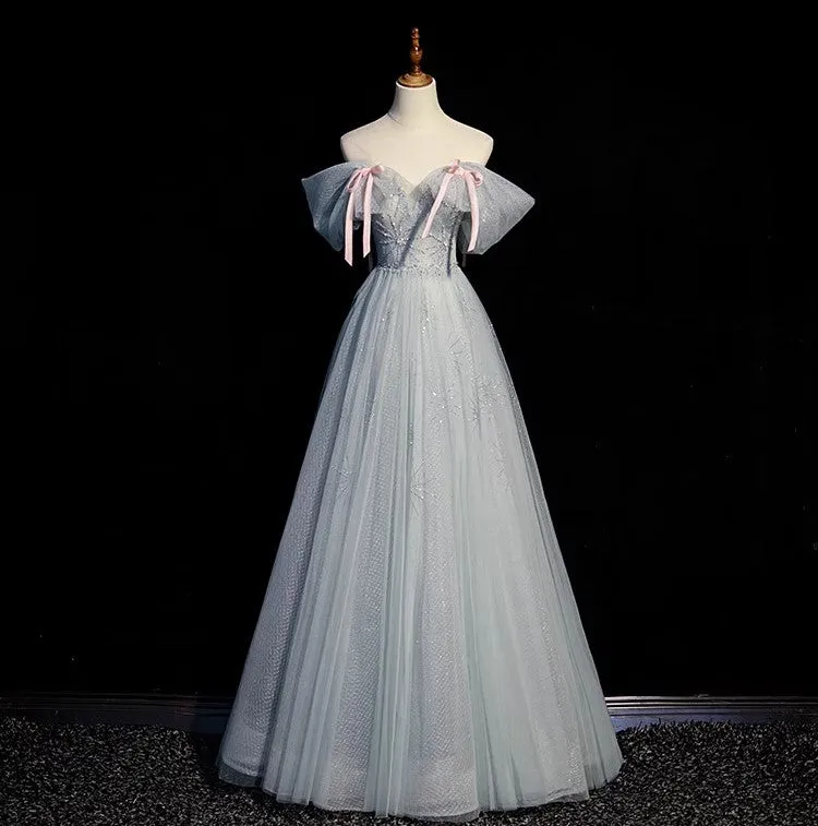 Handmade Retro Princess Tulle Off-Shoulder Blue Prom Evening Dress