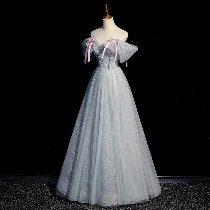 Handmade Retro Princess Tulle Off-Shoulder Blue Prom Evening Dress
