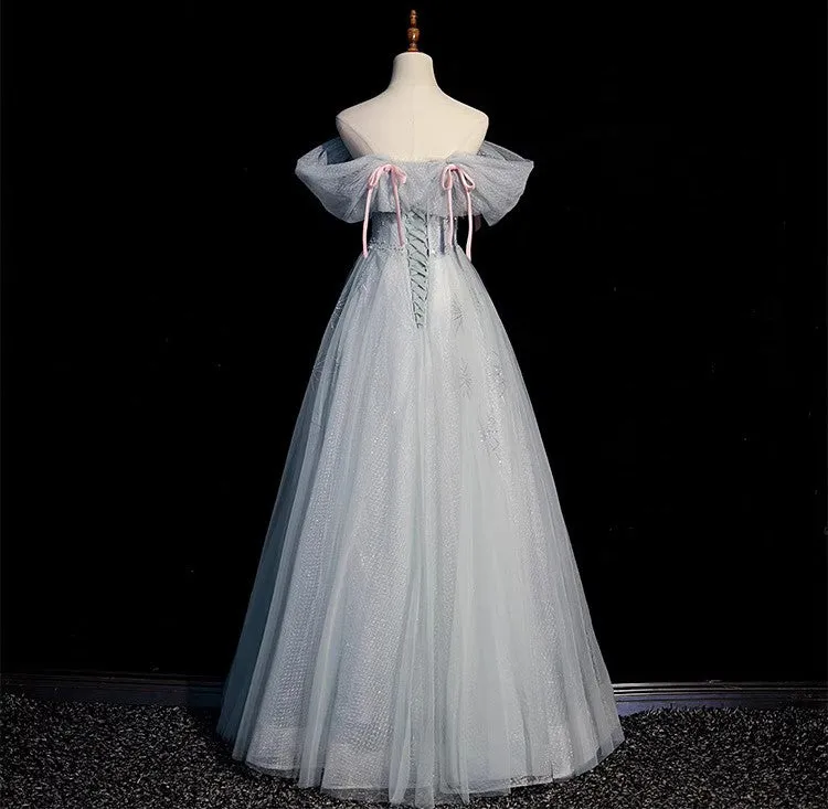 Handmade Retro Princess Tulle Off-Shoulder Blue Prom Evening Dress