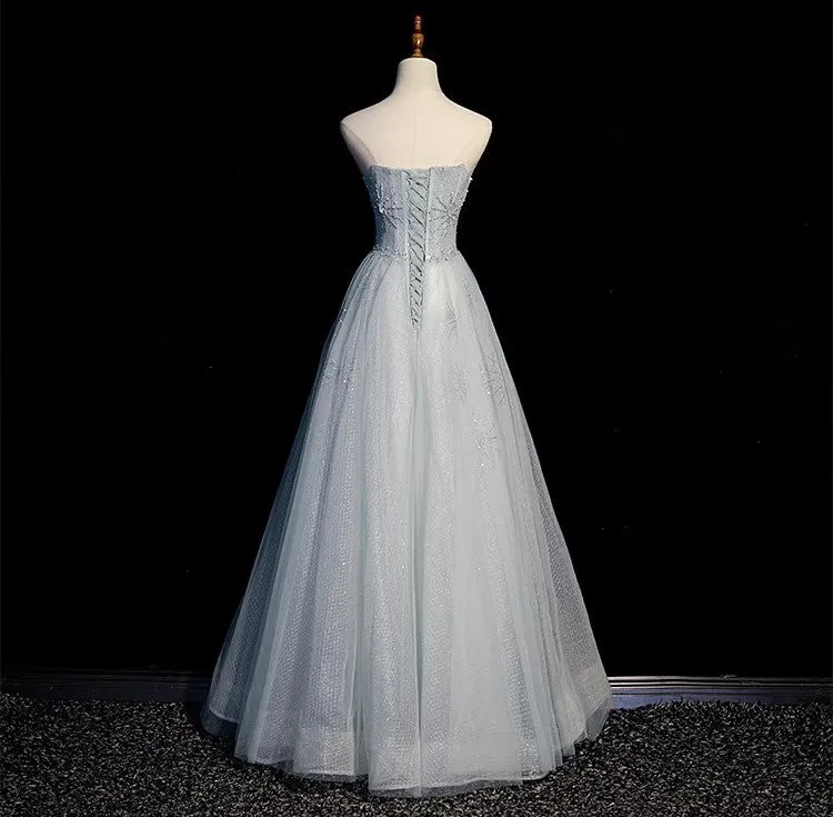 Handmade Retro Princess Tulle Off-Shoulder Blue Prom Evening Dress