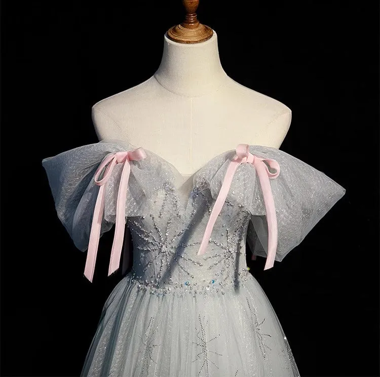 Handmade Retro Princess Tulle Off-Shoulder Blue Prom Evening Dress