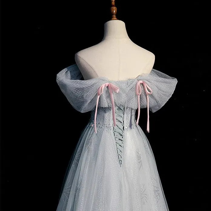 Handmade Retro Princess Tulle Off-Shoulder Blue Prom Evening Dress