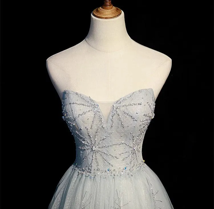 Handmade Retro Princess Tulle Off-Shoulder Blue Prom Evening Dress