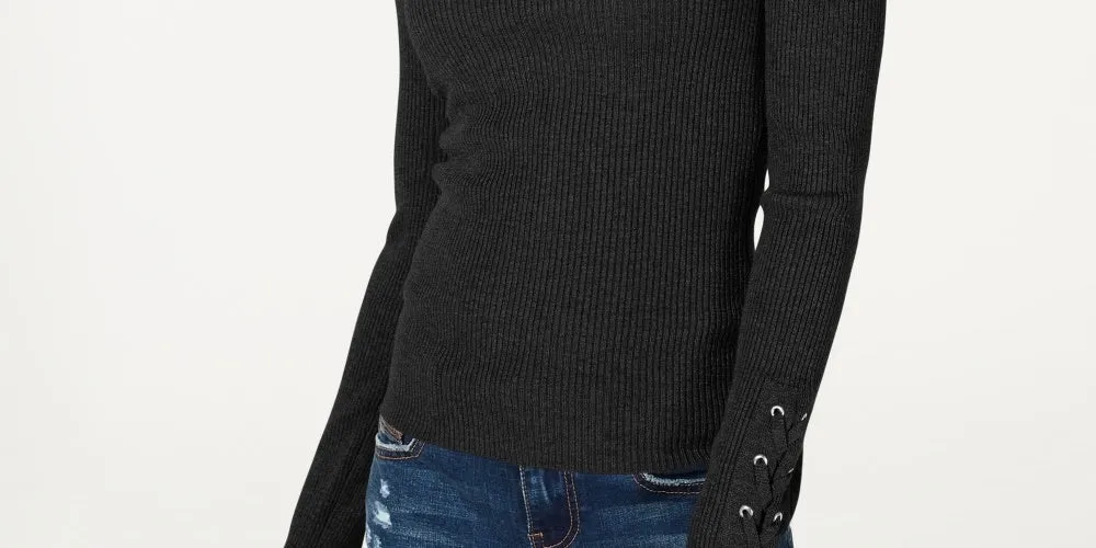 Hooked Up By Iot Juniors' Lace-Up Rib-Knit Sweater Black Size X-Small