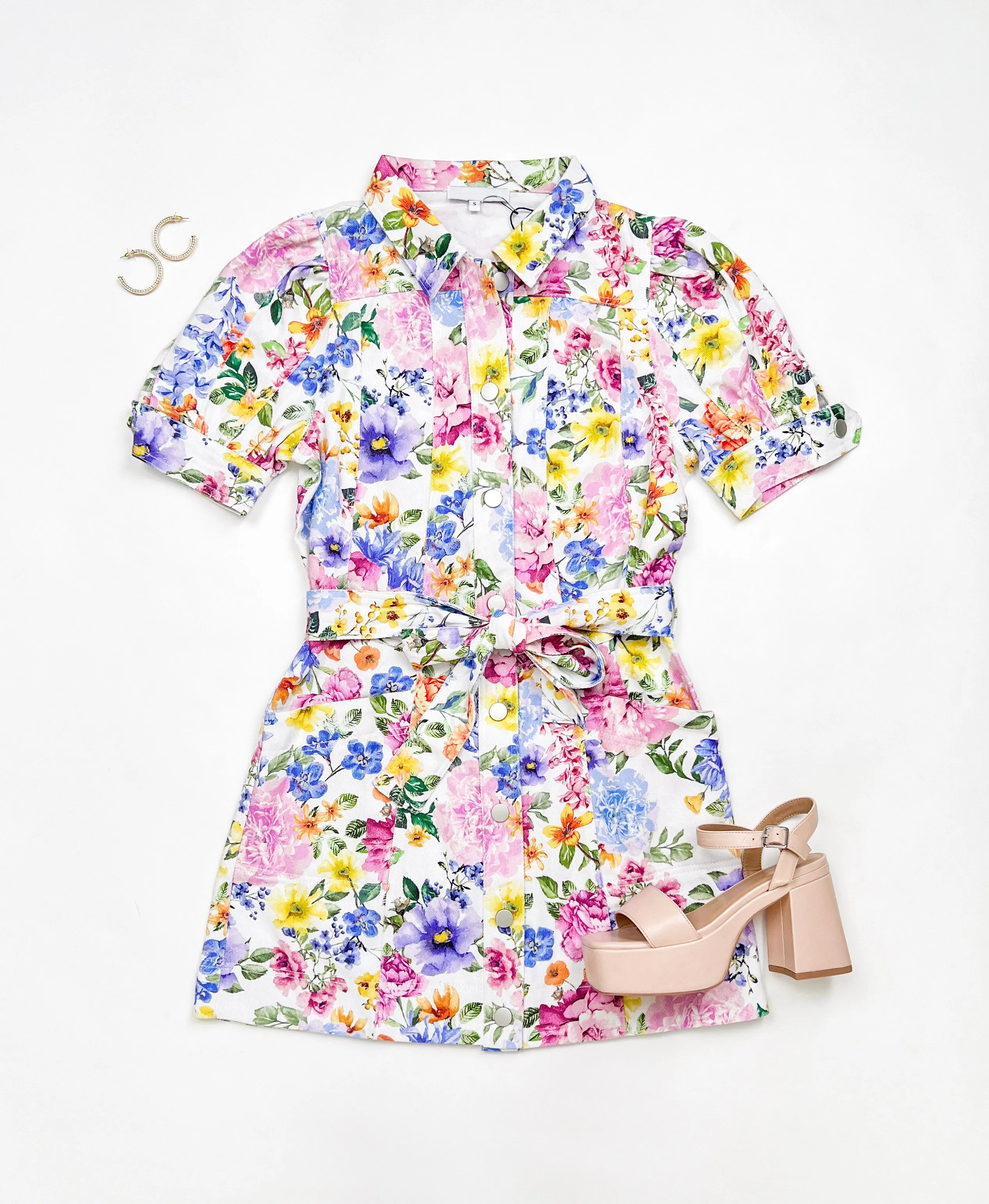 HOW DOES IT SOUND FLORAL BELTED DENIM DRESS