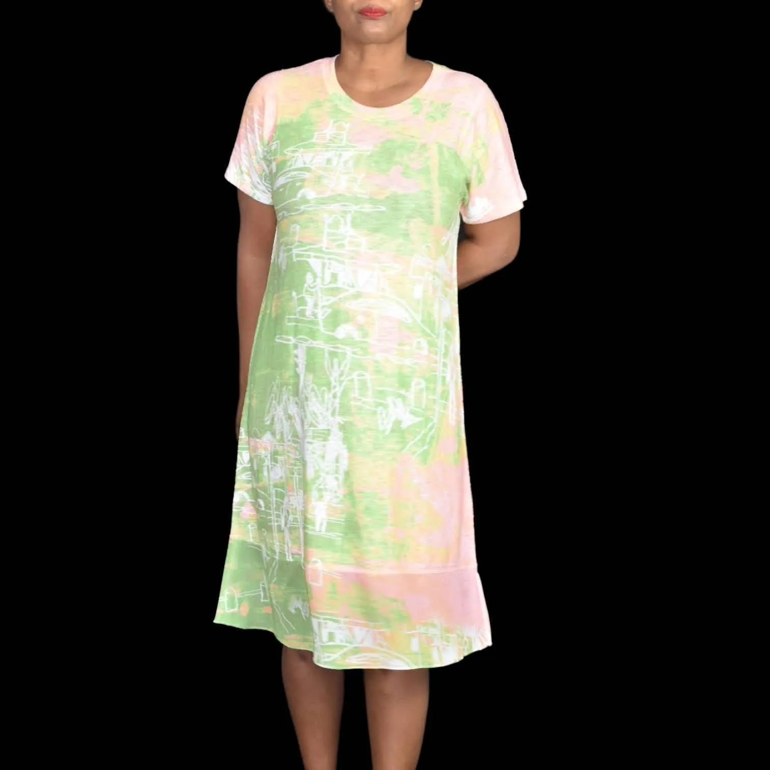 Inoah Lagenlook Dress Jersey Knit Doodles Wearable Art Pastel Tie Dye Size Small