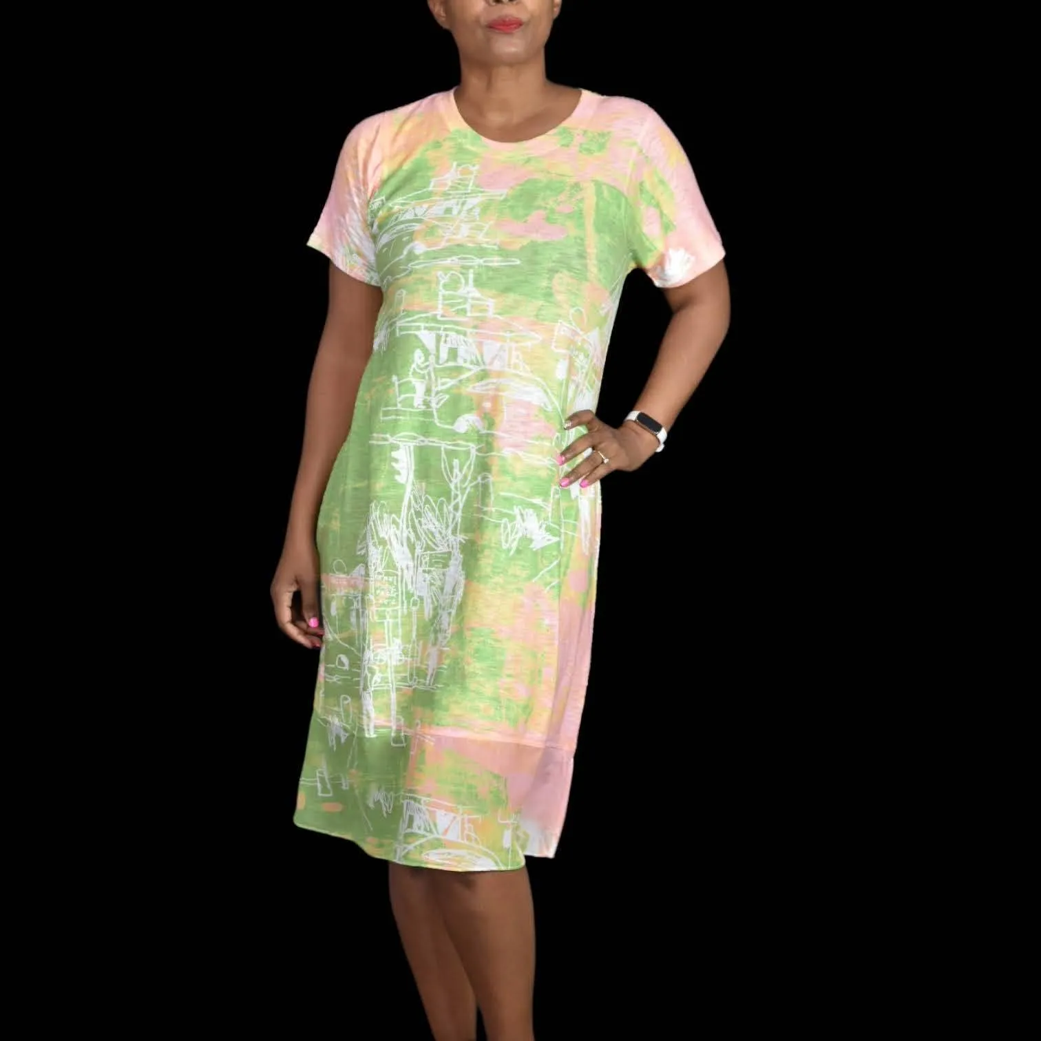 Inoah Lagenlook Dress Jersey Knit Doodles Wearable Art Pastel Tie Dye Size Small