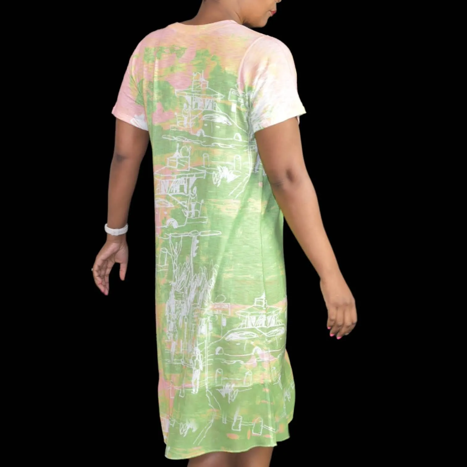Inoah Lagenlook Dress Jersey Knit Doodles Wearable Art Pastel Tie Dye Size Small