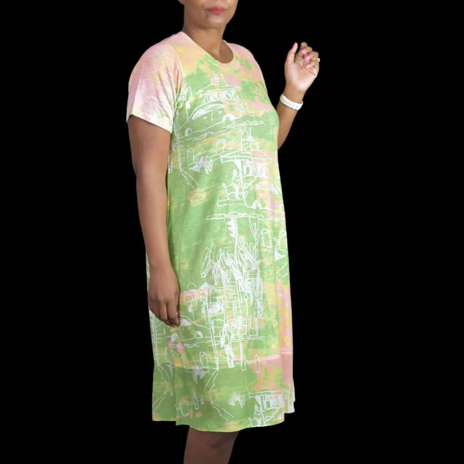 Inoah Lagenlook Dress Jersey Knit Doodles Wearable Art Pastel Tie Dye Size Small