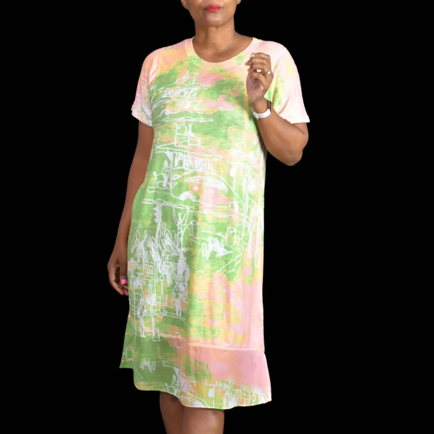 Inoah Lagenlook Dress Jersey Knit Doodles Wearable Art Pastel Tie Dye Size Small