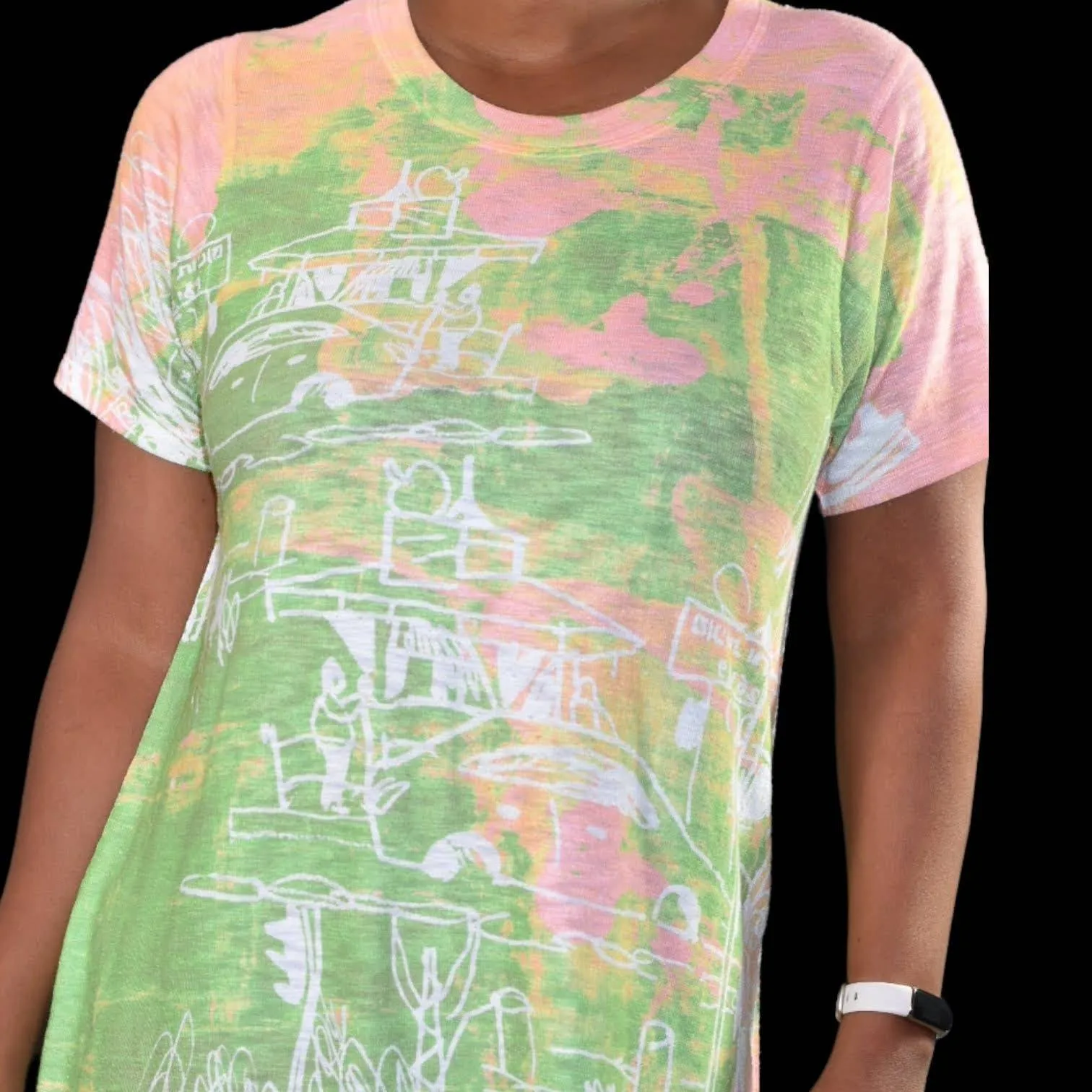 Inoah Lagenlook Dress Jersey Knit Doodles Wearable Art Pastel Tie Dye Size Small