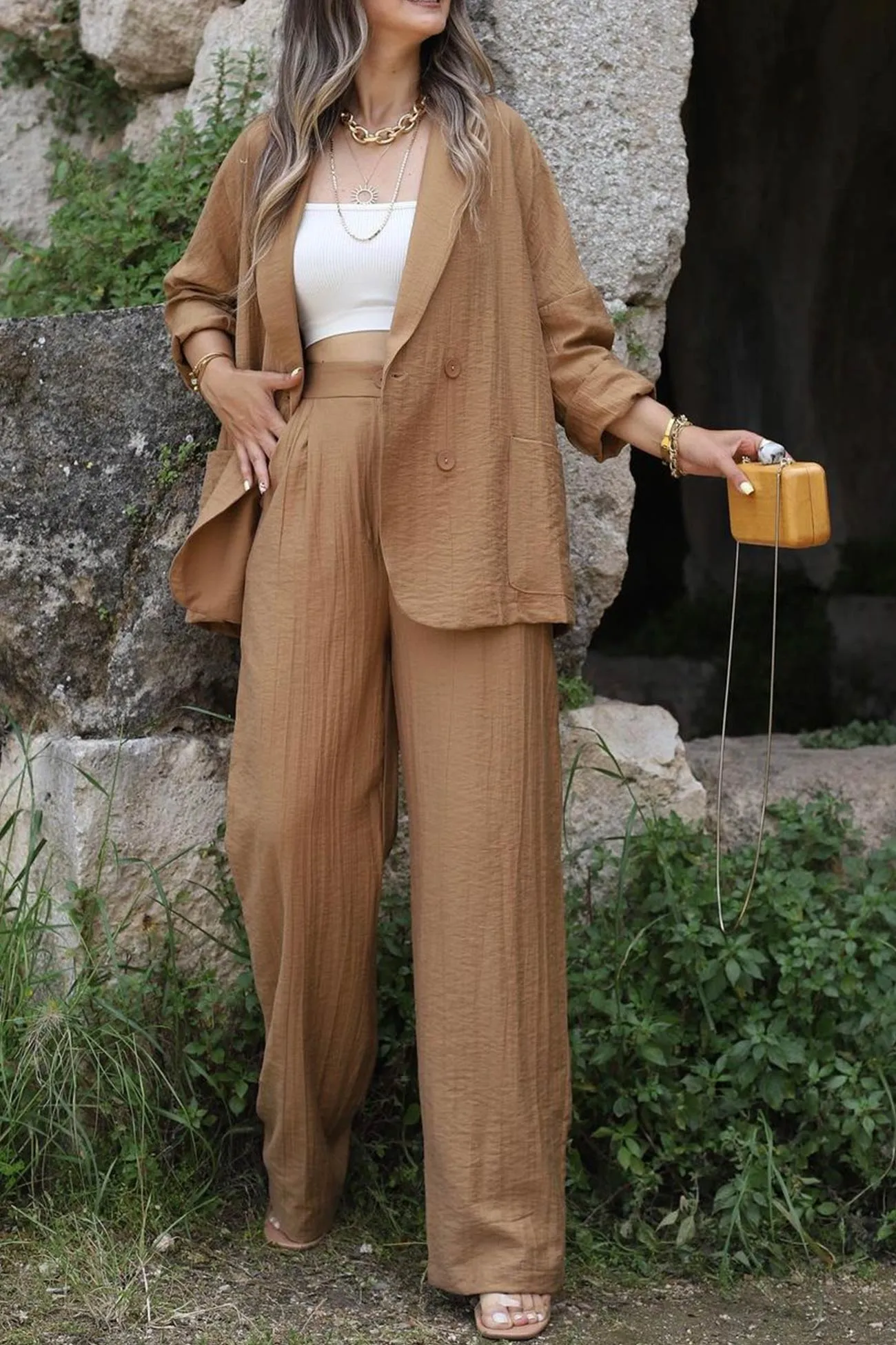 Joskaa Lapel Double-breasted Blazer Long Pants Suits