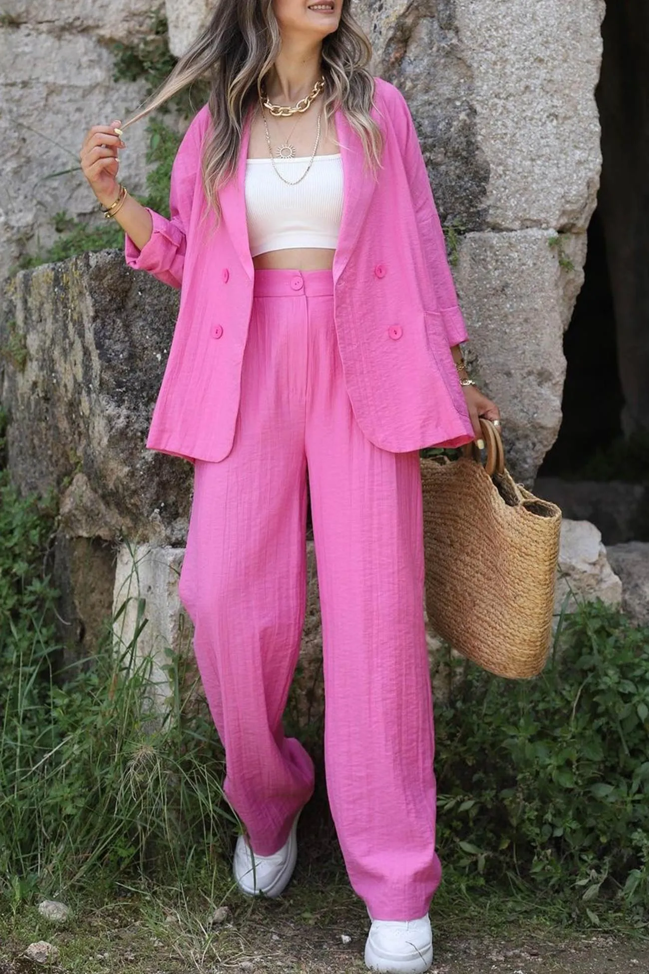 Joskaa Lapel Double-breasted Blazer Long Pants Suits