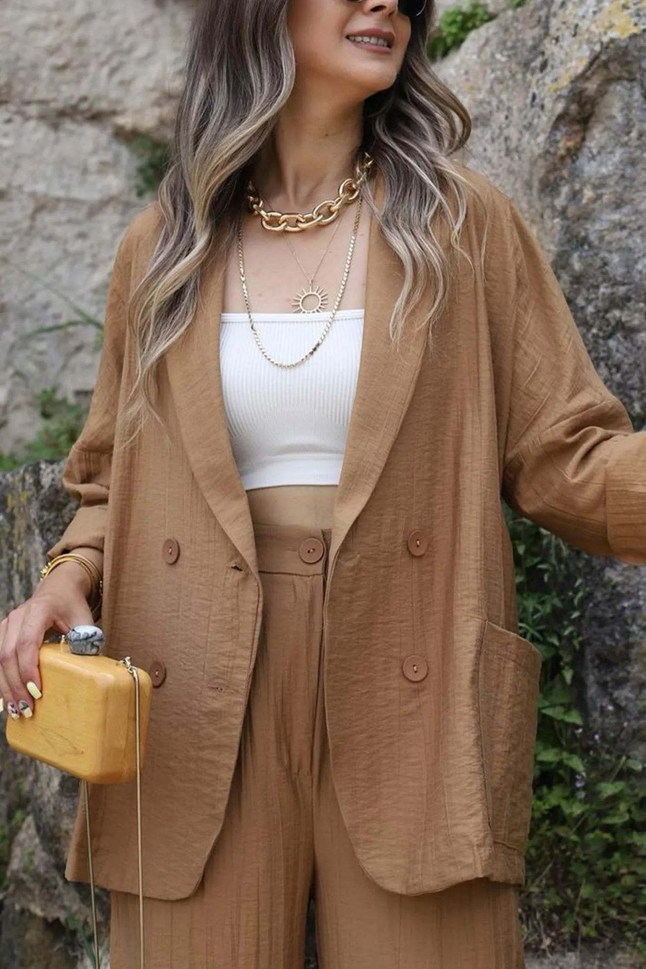 Joskaa Lapel Double-breasted Blazer Long Pants Suits