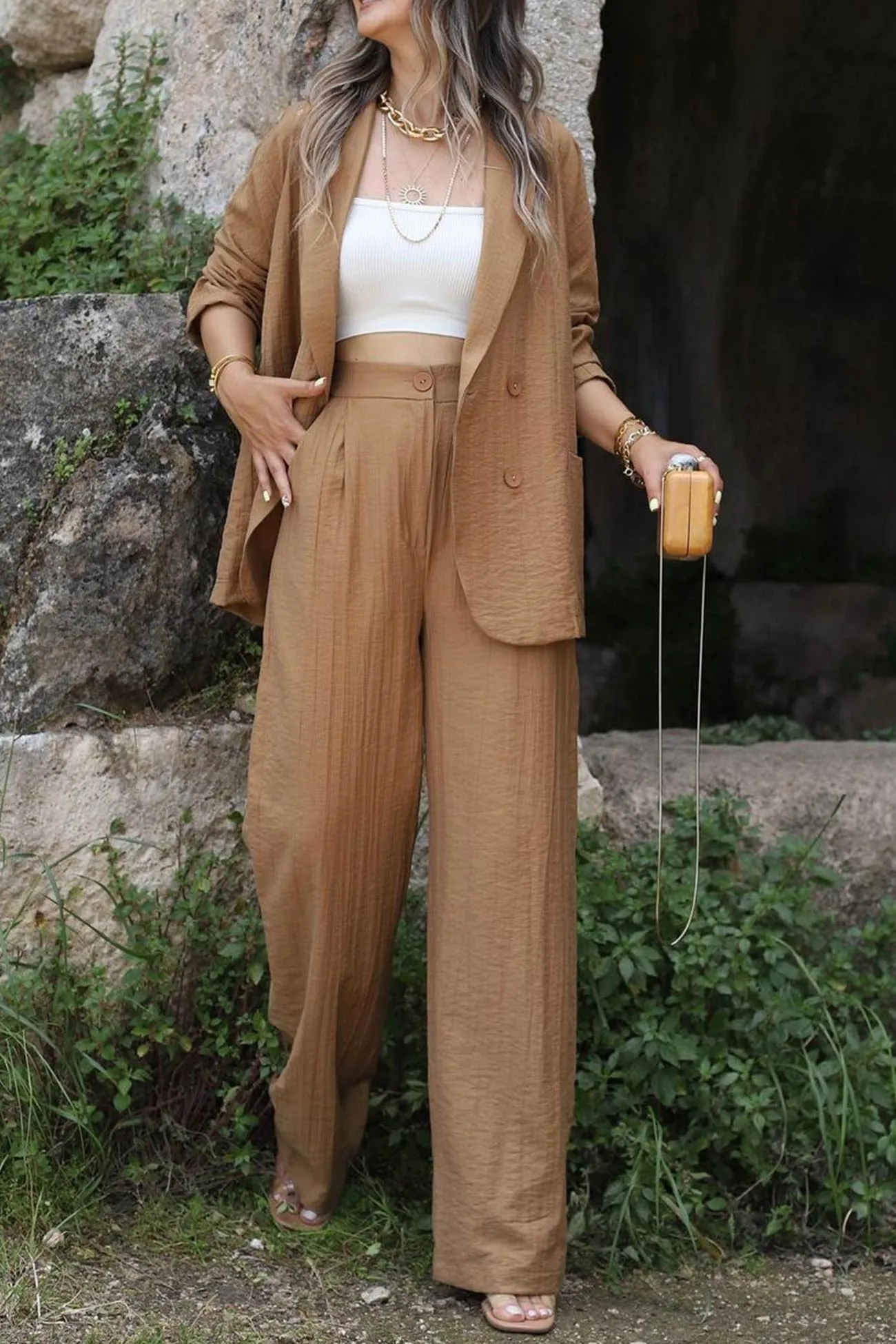 Joskaa Lapel Double-breasted Blazer Long Pants Suits